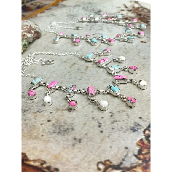 Handmade Sterling Silver Cotton Candy Turquoise Necklace, Signed Nizhoni